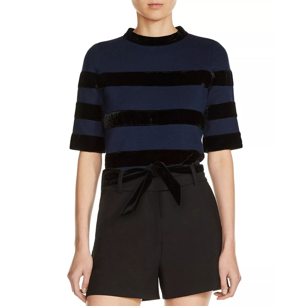 Maje Velvet Stripe Meline Knit Crop Top Open Back Navy Blue Size 2 / Medium - Picture 3 of 10